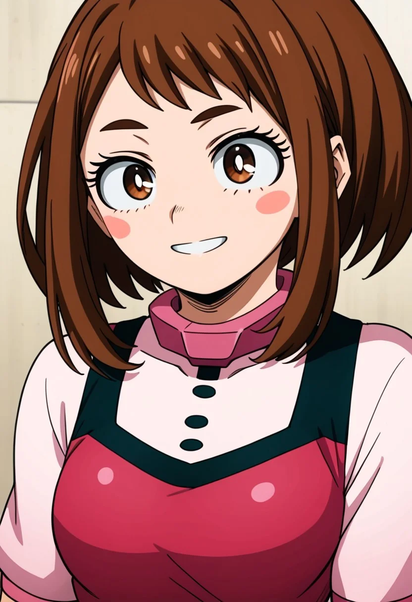 1girl, ochako_uraraka, brown hair, brown eyes, white pupil, blush stickers, smiling, ANIMESTYLE