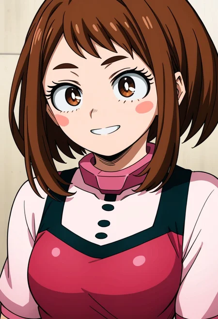 1girl, ochako_uraraka, brown hair, brown eyes, white pupil, blush stickers, smiling, ANIMESTYLE