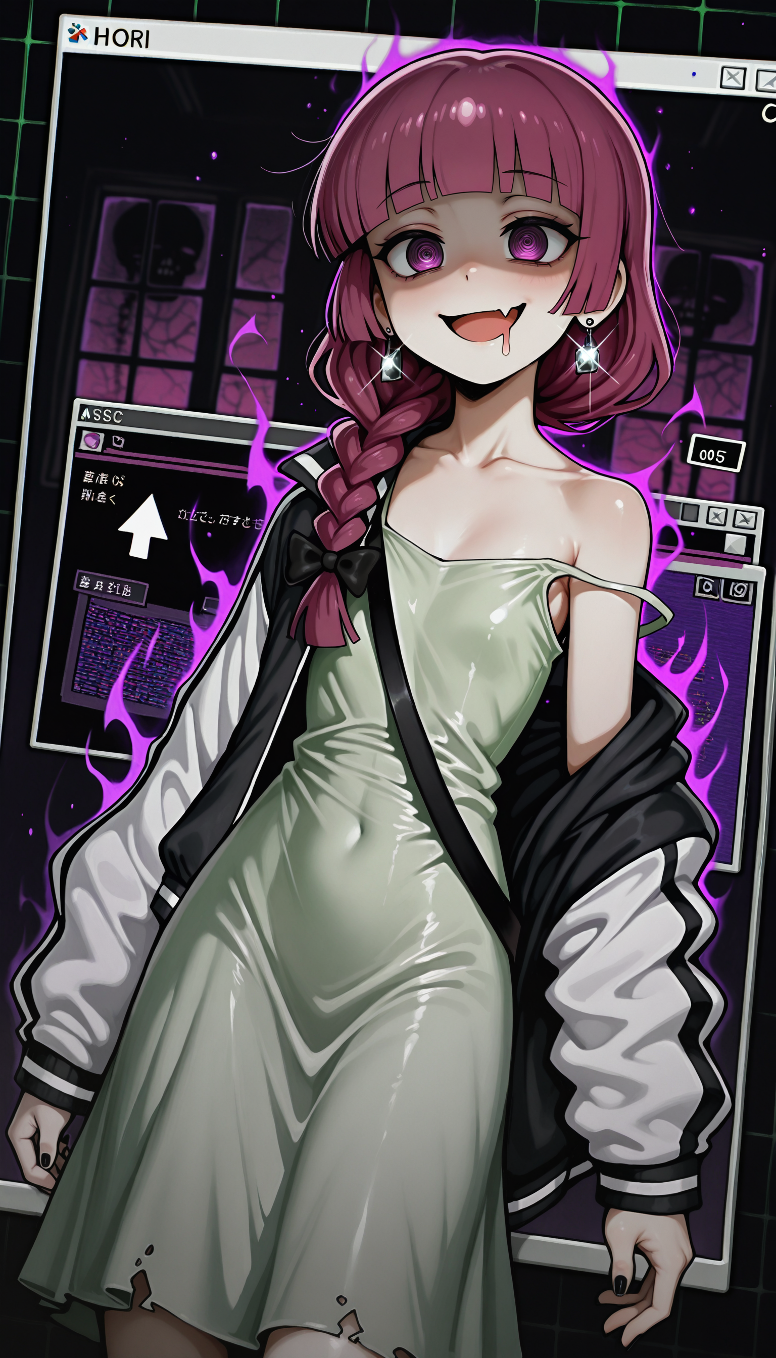(best quality, masterpiece, abstract, absurdres, drawing, dark_theme, 1950s_(style), film_grain, retro, retro_artstyle, digital_media_\(artwork\), magic, magic_user, glint, creepy_cute, jhonen_vasquez_(style), dark_aura, traditional_media, dutch_angle, light_particles, vibrant, realism, dot_nose, surreal, WB-Illu)
((wind_lift three quarter view, close-up solo solo_focus bocchi_the_rock! hiroi_kikuri highres 1girl :d @_@ abstract_background alcohol_carton black_bow black_jacket black_nails blunt_bangs bow braid collarbone cowboy_shot cursor dress drooling earrings error_message fang glitch green_dress grid_background hanafuda_earrings holding jacket jacket_partially_removed jewelry long_hair mouth_drool multicolored_jacket purple_eyes purple_hair single_bare_shoulder single_braid smile strap_slip sundress track_jacket two-tone_jacket white_jacket window_(computing) ))