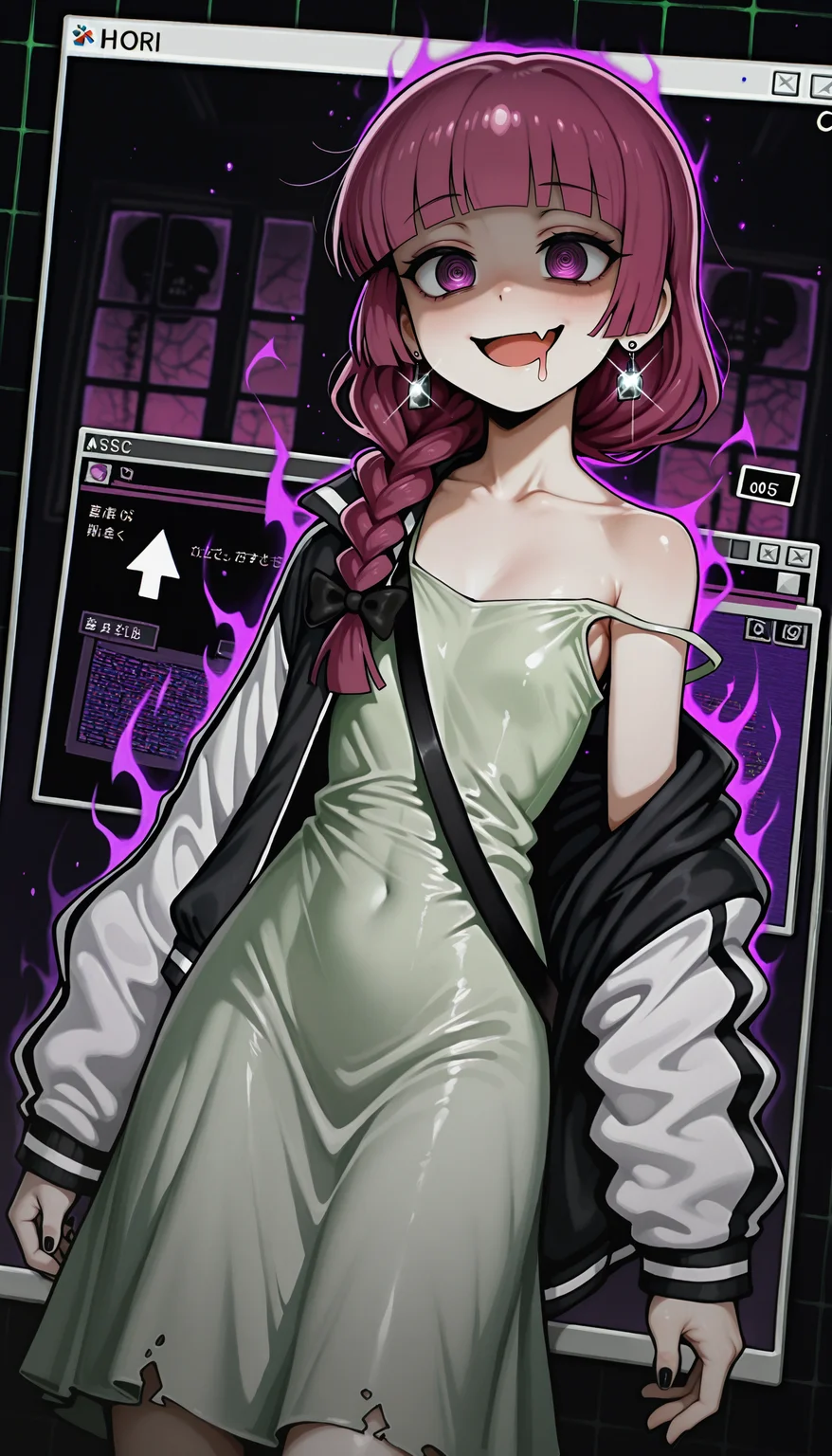 (best quality, masterpiece, abstract, absurdres, drawing, dark_theme, 1950s_(style), film_grain, retro, retro_artstyle, digital_media_\(artwork\), magic, magic_user, glint, creepy_cute, jhonen_vasquez_(style), dark_aura, traditional_media, dutch_angle, light_particles, vibrant, realism, dot_nose, surreal, WB-Illu)
((wind_lift three quarter view, close-up solo solo_focus bocchi_the_rock! hiroi_kikuri highres 1girl :d @_@ abstract_background alcohol_carton black_bow black_jacket black_nails blunt_bangs bow braid collarbone cowboy_shot cursor dress drooling earrings error_message fang glitch green_dress grid_background hanafuda_earrings holding jacket jacket_partially_removed jewelry long_hair mouth_drool multicolored_jacket purple_eyes purple_hair single_bare_shoulder single_braid smile strap_slip sundress track_jacket two-tone_jacket white_jacket window_(computing) ))