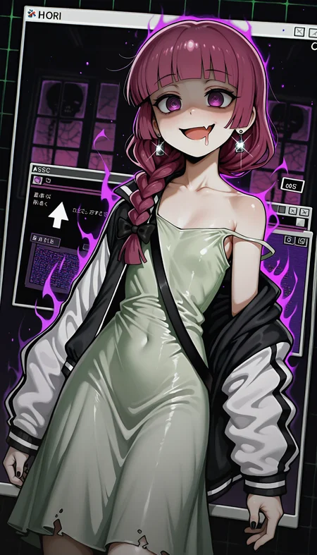 (best quality, masterpiece, abstract, absurdres, drawing, dark_theme, 1950s_(style), film_grain, retro, retro_artstyle, digital_media_\(artwork\), magic, magic_user, glint, creepy_cute, jhonen_vasquez_(style), dark_aura, traditional_media, dutch_angle, light_particles, vibrant, realism, dot_nose, surreal, WB-Illu)
((wind_lift three quarter view, close-up solo solo_focus bocchi_the_rock! hiroi_kikuri highres 1girl :d @_@ abstract_background alcohol_carton black_bow black_jacket black_nails blunt_bangs bow braid collarbone cowboy_shot cursor dress drooling earrings error_message fang glitch green_dress grid_background hanafuda_earrings holding jacket jacket_partially_removed jewelry long_hair mouth_drool multicolored_jacket purple_eyes purple_hair single_bare_shoulder single_braid smile strap_slip sundress track_jacket two-tone_jacket white_jacket window_(computing) ))