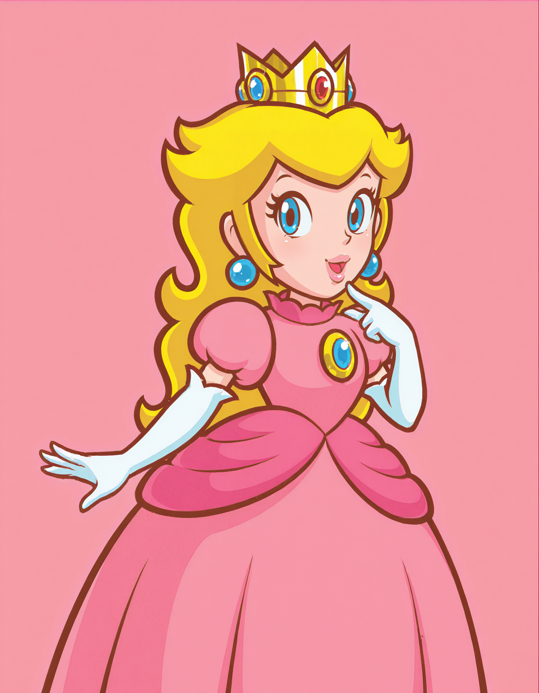 <lora:SuperPeachIllustrious1.0JLFO-000015:1> superp, 1girl, blonde hair, crown, long hair, pink dress, elbow gloves, jewelry, earrings, brooch, solo, blue eyes, lips, smile,simple background, looking at viewer, cowboy shot,open mouth,