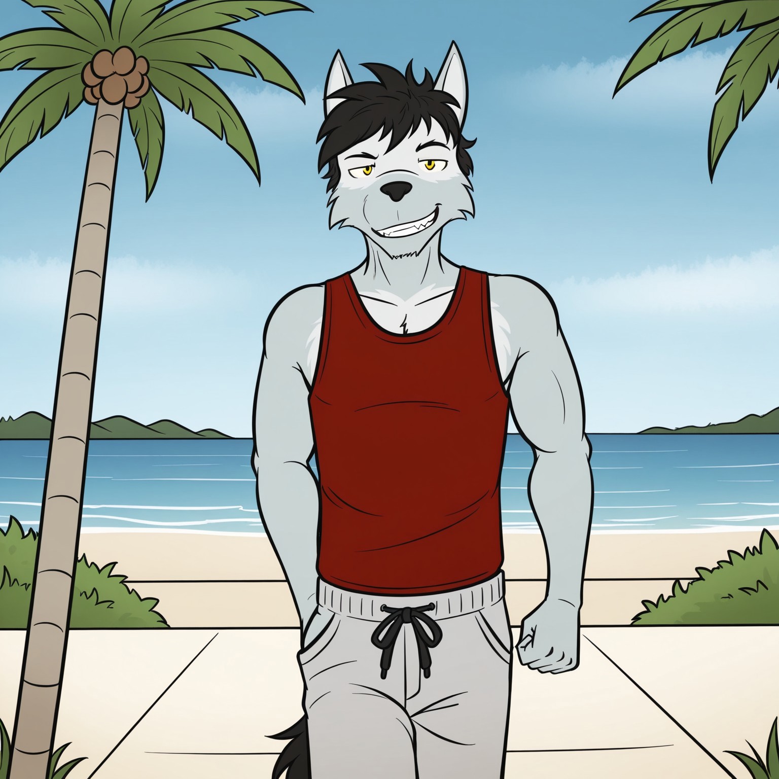 safe_pos, safe_pos, artwork, digital artwork, colourful source_e621, score_9, score_8_up, score_7_up, score_6_up, score_5_up, score_4_up, solo, duke, male, wolf, wolf boy, yellow eyes, white sclera, short hair, tail, looking at viewer, seductive, suggestive, smug, detailed face, detailed mouth, detailed teeth, perfect mouth, perfect teeth, perfect eyes, perfect face, standing, wearing sweatpants, wearing red tank top, clothing, outdoors, outside, park, detailed background, natural lighting, sunlight, walking, beach, palm trees, sunny, detailed eyes, detailed face, detailed mouth, black hair, black tail, 