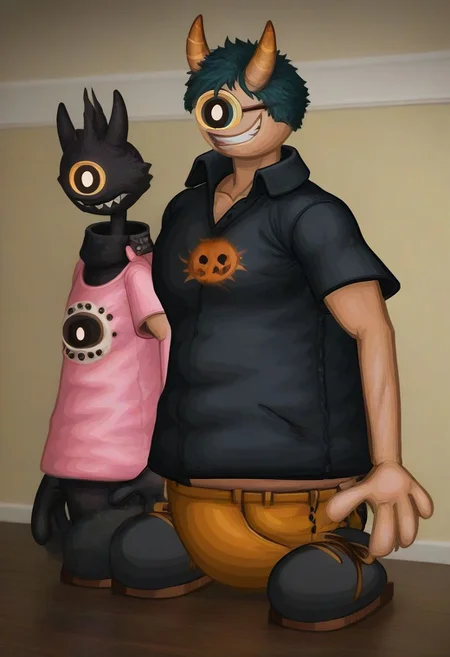 A monster, one eye, cyclops, round head, no ears, no nose, muscular, no hair, very tall, bulging, dark bedroom, glowing pastel body, golden glowing horns, massive smile, male