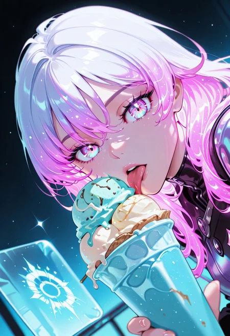 masterpiece, best quality, good quality, very aesthetic, absurdres, newest, 8K, depth of field, focused subject,
close up, dynamic angle, dutch angle, wabi sabi, woman, licking ice cream, holographic ice cream, holofoil glitter ice cream, faint, glowing, ethereal, neon hair, glowing hair, long hair, looking at viewer,
ckym, in the style of ckym,wfus3