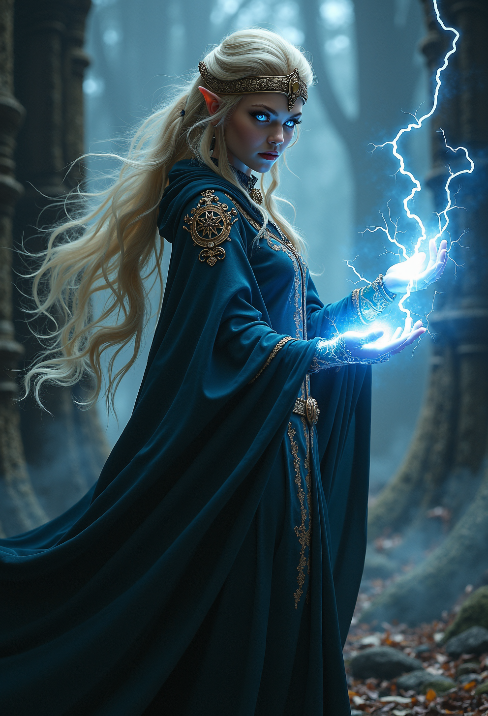 A highly detailed dark fantasy photograph of a powerful female elven warlock, standing in an ominous and mystical landscape. She wears a long, intricate dark cloak that flows around her, adorned with arcane symbols and delicate embroidery, hinting at her mastery of forbidden magic. Her long blonde hair is pulled back into an elegant style, secured by a golden jeweled headband that shimmers in the dim light, adding a regal touch to her dark presence. Her piercing eyes cast a menacing glow, radiating power and danger, as she raises her hands to cast an ancient spell. Her hands are engulfed in a brilliant electric aura, crackling with raw energy, illuminating her figure with flashes of blue and white light. The electric currents ripple through the air, making her presence feel even more intense and magical. The atmosphere around her is dark and eerie, with swirling mist and shadows that move as if alive, complementing the mysterious energy she radiates. The level of detail in the image is extraordinary, with the texture of her cloak, the glow of her eyes, and the arcane magic in her hands all rendered with stunning clarity. The setting is a dark, enchanted forest or ancient ruin, with towering trees or stone pillars barely visible in the shadows, further enhancing the sense of danger and fantasy. The image is imbued with a sense of dark mysticism, capturing the immense power and fierce determination of the elven warlock in a visually striking, 8k resolution masterpiece.