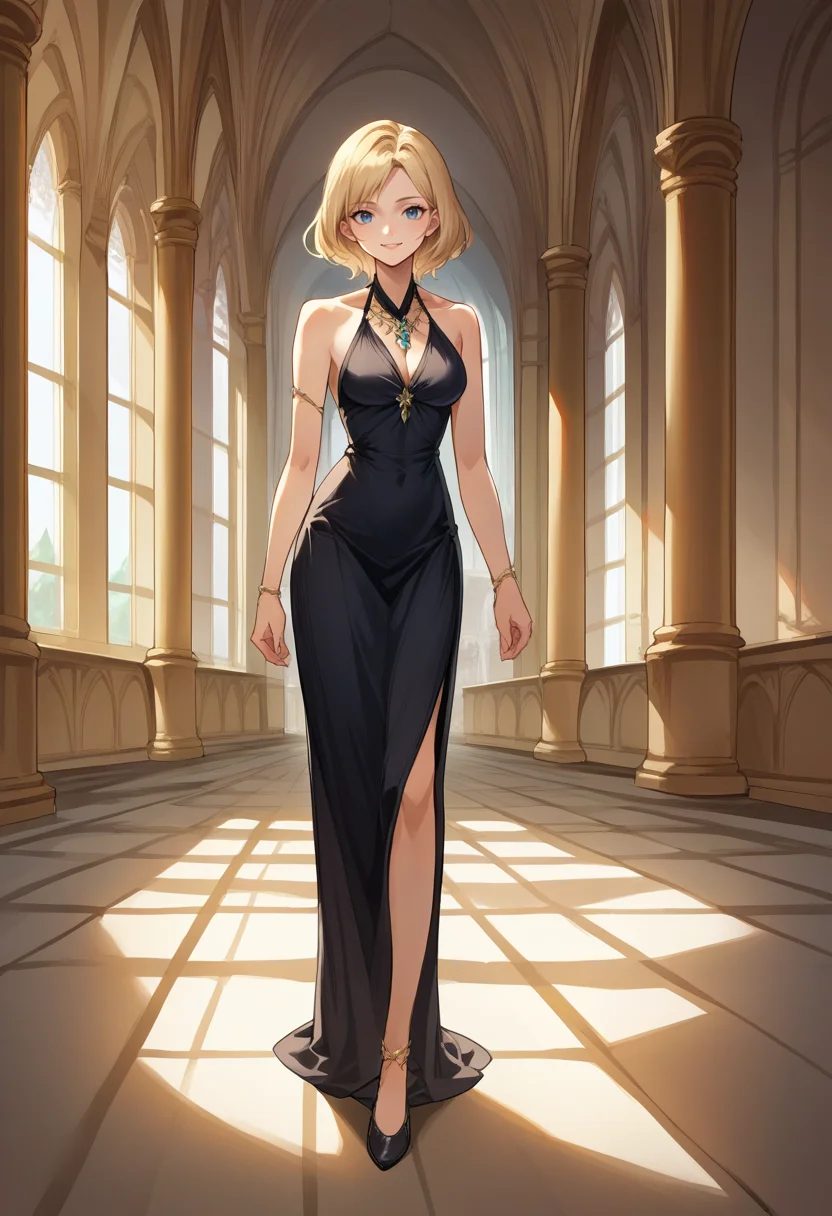score_9, score_8_up, source_anime, 1girl, solo, Ashelia, medium hair, blonde hair, blue eyes, elegant, long dress, black dress, halterneck, smile, indoors, palace, jewelry, standing, <lora:CHAR-AsheliaPonyXL:1>