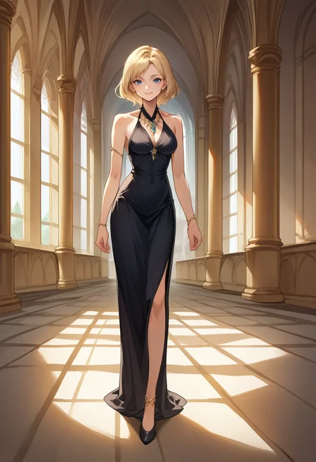 score_9, score_8_up, source_anime, 1girl, solo, Ashelia, medium hair, blonde hair, blue eyes, elegant, long dress, black dress, halterneck, smile, indoors, palace, jewelry, standing, <lora:CHAR-AsheliaPonyXL:1>