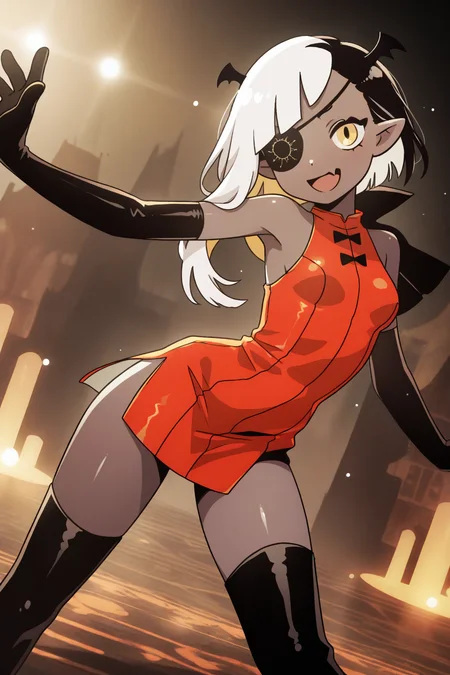 masterpiece, best quality, amazing quality, absurdres, solo, lugosichan, smile, open mouth, dancing, dutch angle, dark skin, multicolored hair, two-tone hair, black and white hair, eyepatch, yellow eyes, skin fang, black elbow gloves, red dress, black thigh boots, outdoors, abstract background