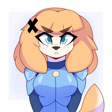Lillie,1girl,solo,furry female,dog girl,blonde hair,bangs,x hair ornament,blue eyes,freckles,snout,animal nose,body fur,tail, RoadRovers Suit