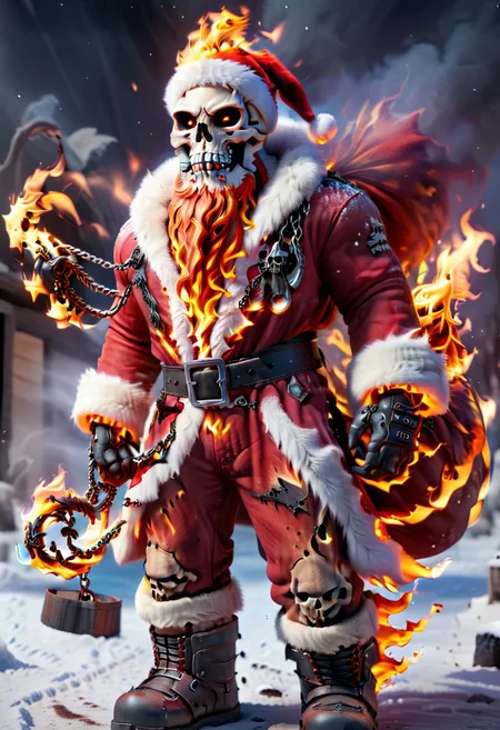 ral-santa, fire santa,skull head,skull on fire, santa claus is on fire, fiery and dynamic <lora:ral-santa-sdxl:1>,Holding a flaming chain,full body, solo,standing,