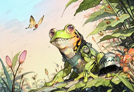 An amusing scene where a vibrant green frog is playfully wearing a metallic helmet with an exaggerated, flipped-up mouth guard, giving the illusion that the frog has an oversized, toothy grin. The helmet, reminiscent of a medieval knight's headgear, has a glossy finish that reflects the surrounding whimsical environment. The frog's bulging eyes peer over the top of the helmet, filled with mischief and glee. Its webbed hands are placed firmly on the side of the helmet, as if it is about to embark on a hilarious quest. Behind the frog, a kaleidoscope of cartoonish butterflies and dragonflies flutters by, adding a touch of whimsy to the setting. The lush foliage of a rainforest serves as a backdrop, with bright, neon-colored plants and mushrooms growing in a playful pattern across the ground. Above, the sky is a soft pastel gradient, transitioning from a baby blue at the horizon to a light mint green closer to the canopy. The overall atmosphere is light-hearted and inviting, with the frog as the undeniable centerpiece, ready to embark on a comical adventure in its makeshift amphibious armor.