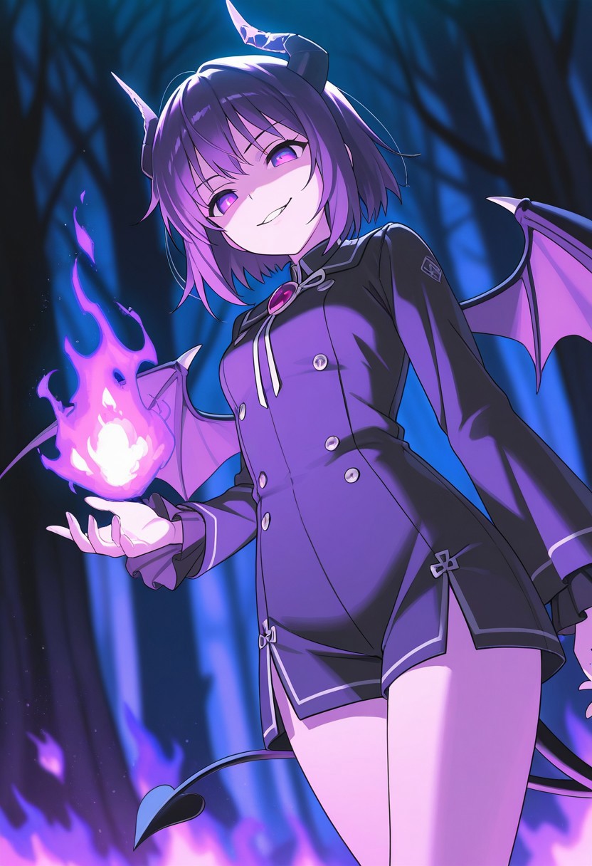 masterpiece, best quality, high quality, high details, source_anime, score_9, score_8_up, score_7_up, extremely detailed,
1girl, demon, short horns, cracked horn, small demon wings, purple eyes, bright eyes, evil smile, dinamic pose, casting fireball, magic effects, mana around body, magic aura,
Burning forest, burning trees, purple fire, dark blurry background, cinematic light, night time, purple theme, dark colours, low angle,