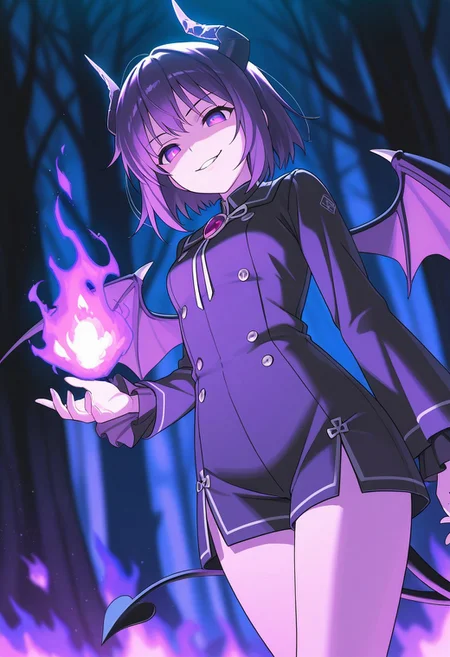 masterpiece, best quality, high quality, high details, source_anime, score_9, score_8_up, score_7_up, extremely detailed,
1girl, demon, short horns, cracked horn, small demon wings, purple eyes, bright eyes, evil smile, dinamic pose, casting fireball, magic effects, mana around body, magic aura,
Burning forest, burning trees, purple fire, dark blurry background, cinematic light, night time, purple theme, dark colours, low angle,