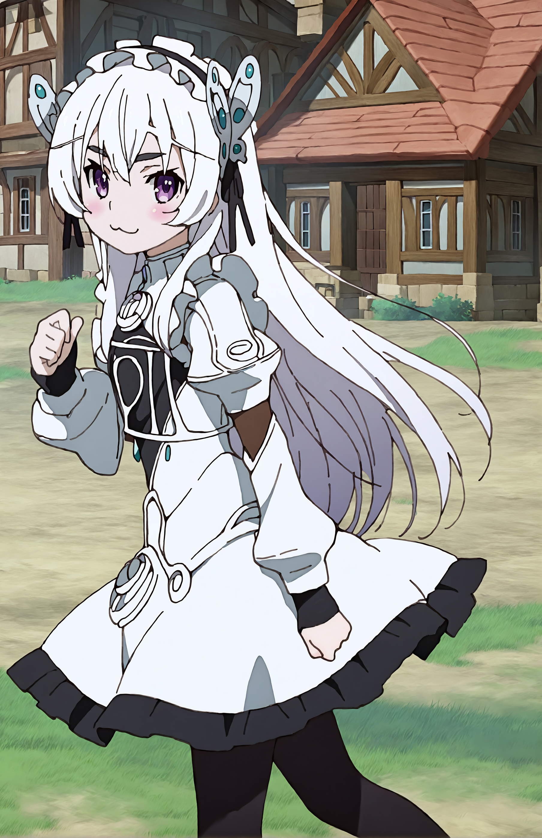 ChaikaTrabant, 1girl, solo, white hair, long hair, purple eyes, butterfly hair ornament, hair ribbon, lolita_hairband, white dress, brooch, puffy sleeves, long sleeves, black pantyhose, portrait, village, blush, :3, looking at viewer, side view, standing
