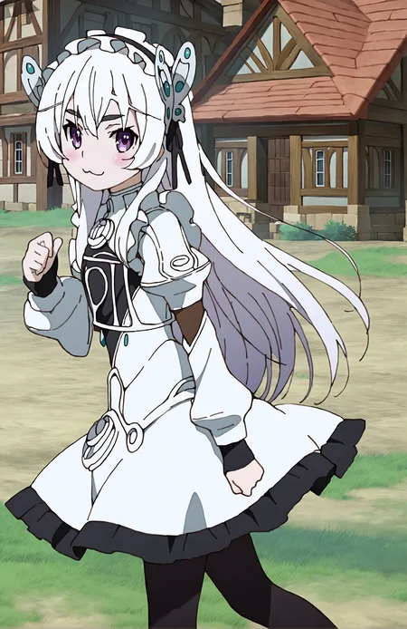ChaikaTrabant, 1girl, solo, white hair, long hair, purple eyes, butterfly hair ornament, hair ribbon, lolita_hairband, white dress, brooch, puffy sleeves, long sleeves, black pantyhose, portrait, village, blush, :3, looking at viewer, side view, standing