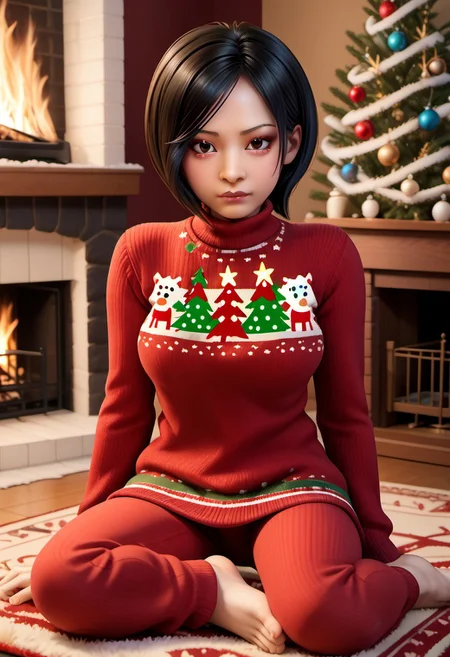 zPDXL3,<lora:BeautifulCAT_PDXL:.8>, <lora:christmas-sweater-ponyxl-lora-nochekaiser:1>,christmas sweater, ugly sweater, print sweater, christmas tree, christmas ornaments, sweater, multicolored sweater, inside living room,
Ada Wong, RE4, asian facial features, almond-shaped eyes, bob cut hair, Black, straight hair, large breasts, sitting, seiza, on carpet, fireplace, night time, feet,