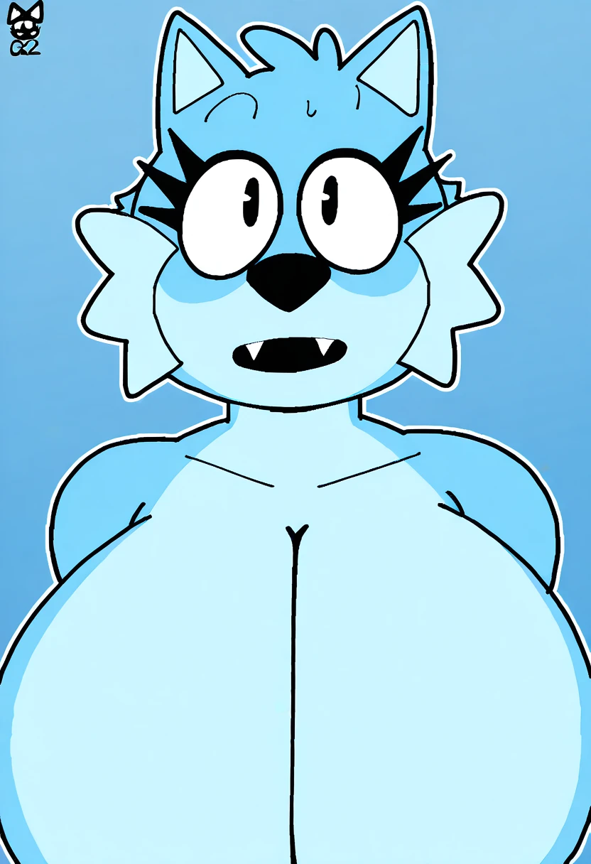 FurryMemeGamer420ArtStyle, masterpiece, ToodeeYGG, 1girl, oval-shaped body, mellow blue fur, light blue fur, two tone fur, fangs, long eyelashes, dragon tail, rounded scales on back to tail, light blue whiskers, black eyes, black nose, cat girl, anthro, solo, upper body, huge breasts