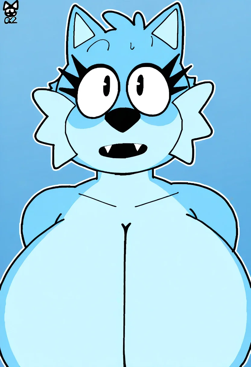 FurryMemeGamer420ArtStyle, masterpiece, ToodeeYGG, 1girl, oval-shaped body, mellow blue fur, light blue fur, two tone fur, fangs, long eyelashes, dragon tail, rounded scales on back to tail, light blue whiskers, black eyes, black nose, cat girl, anthro, solo, upper body, huge breasts