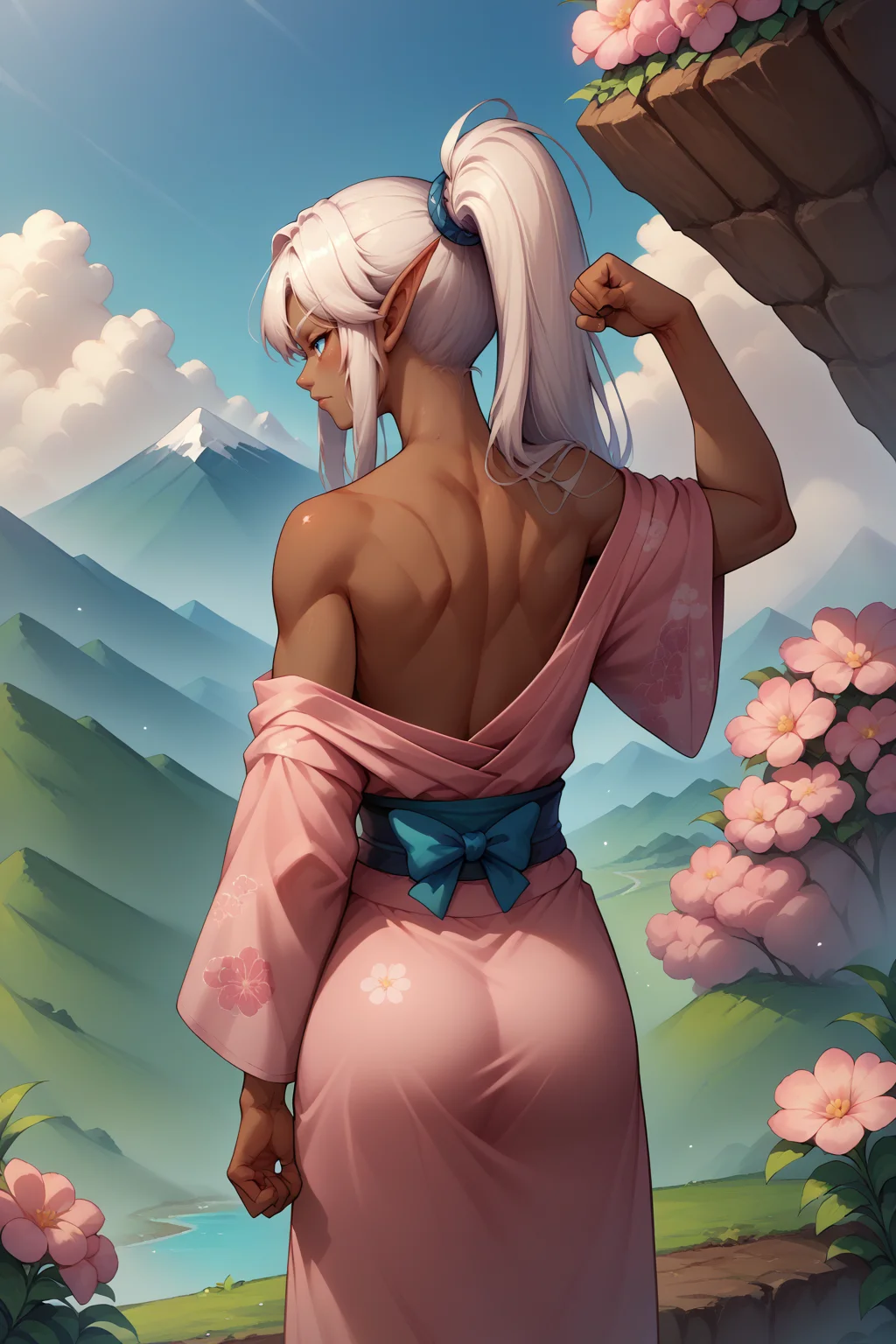 score_9, score_8_up, 1girl, solo <lora:NSSindragosaWoW:1> NSSindragosaWoW, high ponytail, long hair, white hair, pointy ears, dark-skinned female, from behind, flexing, mountains, clouds, off shoulders,, pink kimono, flower pattern, white background, outdoors