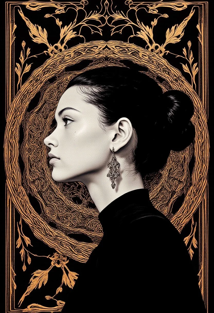 A surreal, abstract digital artwork presents a minimalist yet striking depiction of a woman with a white complexion, her serene expression radiating calm elegance. She wears a simple black top, her hair styled in a neat bun, and large, intricate silver earrings that add sophistication. Positioned in profile, facing to the right, she is framed by a symmetrical, ornate mandala-like background in opulent shades of gold and black, forming a mesmerizing geometric design. The intricate pattern centers around her figure, partially obscuring her face to evoke an air of mystery and intrigue. The stark contrast between her pale skin and the dark, elaborate background accentuates the composition's depth and balance. The background’s repeating motifs introduce a sense of complexity, while her understated outfit ensures her poised presence remains the focal point. Smooth gradients and razor-sharp details create a polished, professional finish, with a sleek black border framing the image for added refinement. Her graceful pose and introspective demeanor harmonize with the intricate backdrop, merging human form and abstract design seamlessly. This artwork embodies a contemporary aesthetic, balancing simplicity with intricate sophistication to convey elegance and depth. It stands as a visually captivating and thought-provoking piece, celebrating the interplay between humanity and abstraction, rendered with timeless innovation and modern artistic sensibilities.