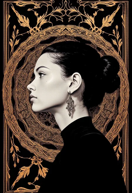 A surreal, abstract digital artwork presents a minimalist yet striking depiction of a woman with a white complexion, her serene expression radiating calm elegance. She wears a simple black top, her hair styled in a neat bun, and large, intricate silver earrings that add sophistication. Positioned in profile, facing to the right, she is framed by a symmetrical, ornate mandala-like background in opulent shades of gold and black, forming a mesmerizing geometric design. The intricate pattern centers around her figure, partially obscuring her face to evoke an air of mystery and intrigue. The stark contrast between her pale skin and the dark, elaborate background accentuates the composition's depth and balance. The background’s repeating motifs introduce a sense of complexity, while her understated outfit ensures her poised presence remains the focal point. Smooth gradients and razor-sharp details create a polished, professional finish, with a sleek black border framing the image for added refinement. Her graceful pose and introspective demeanor harmonize with the intricate backdrop, merging human form and abstract design seamlessly. This artwork embodies a contemporary aesthetic, balancing simplicity with intricate sophistication to convey elegance and depth. It stands as a visually captivating and thought-provoking piece, celebrating the interplay between humanity and abstraction, rendered with timeless innovation and modern artistic sensibilities.