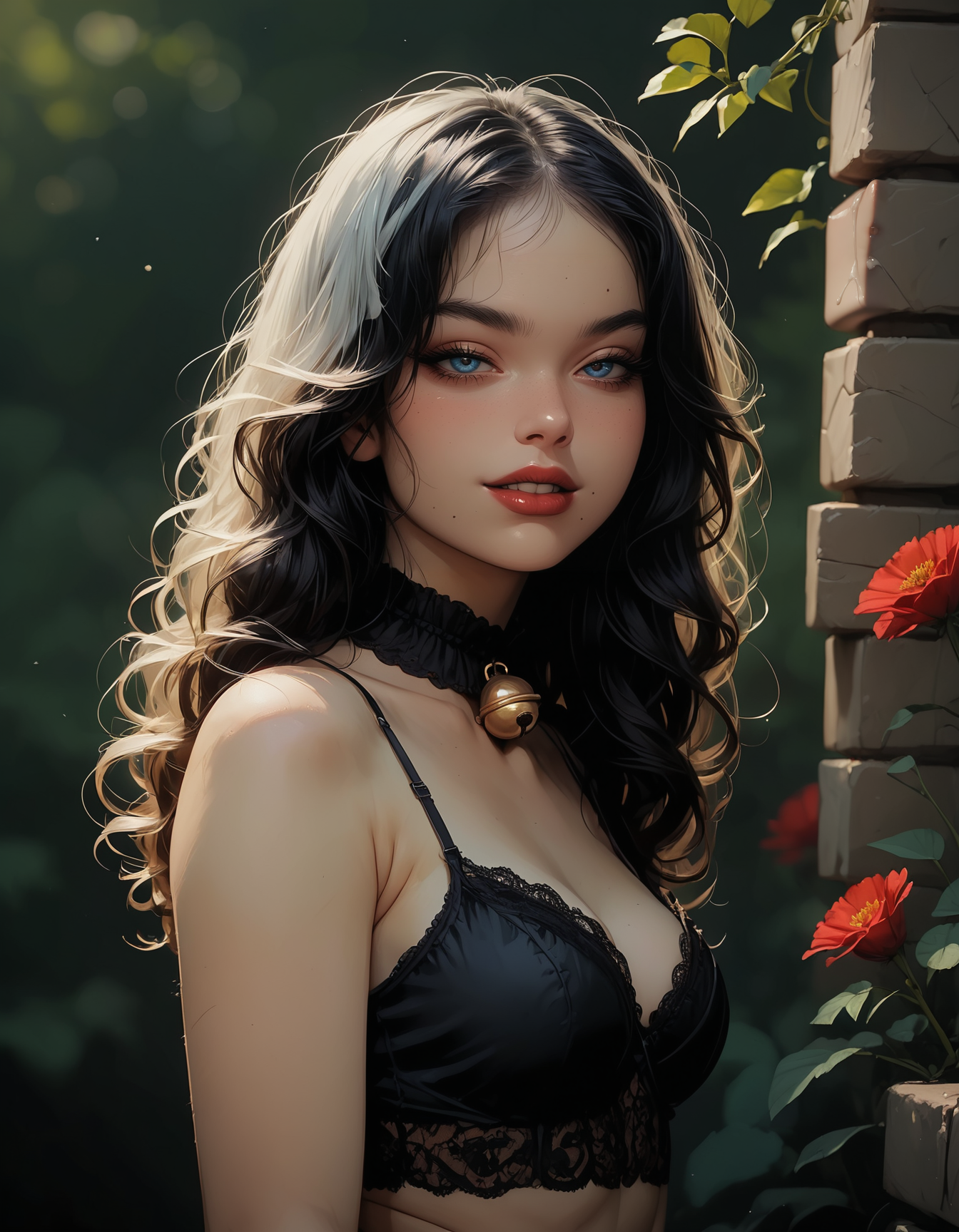 score_9, score_8_up, score_7_up, score_7, score_6_up, score_5_up, reij-nmrt, realistic, full body, a beautiful woman,25 yo, standing, red lips, nerdy, soft smile, cute perfect face, small eyes, black cat-eye-makeup, black lashes, young woman, strands fall playfully into her face, super cute face, blue eyes, violet-black hair, long hair, wavy hair, pearl white skin, black chocker with gold bell, black shirt, bare midriff, slipped over the shoulder, black panties, black stockings, posing like a model, cute and sexy, in front of a beige colored stone wall overgrown with flowers and moss, swf, intricate details, naturalism, hyperdetailed, hyperrealistic, submissive look, view from the side, looking at viewer, submissive eyes, hair between eyes, satisfied face expression, lustfull, desired face, blurred background  <lora:artstyle-000008:0.8>