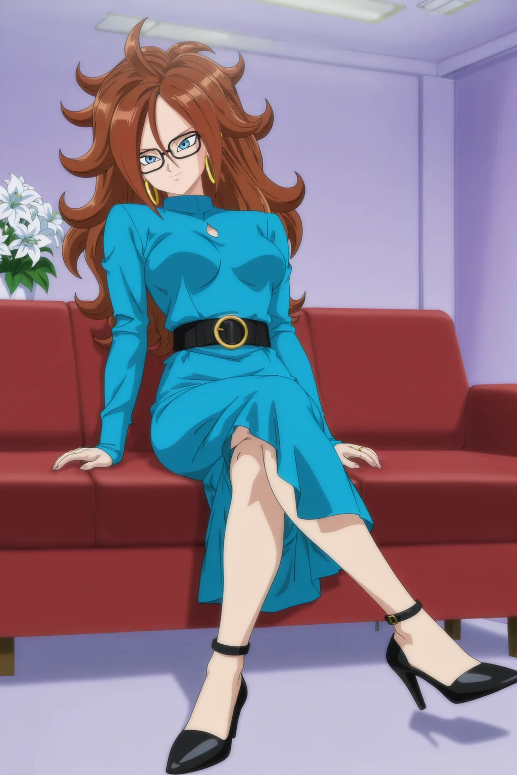 anime screencap, absurdres, high quality,
android 21, human, official style, 1girl, long hair, breasts, smile, blue eyes, brown hair, long sleeves, solo, hoop earrings, medium breasts, sitting, flower, alternate costume, belt, indoors, black footwear, high heels, blue dress, ring, crossed legs, white flower, couch, black belt, wedding ring, eyeliner, sitting on sofa, tv show,
<lora:Android_21_IL:0.8>