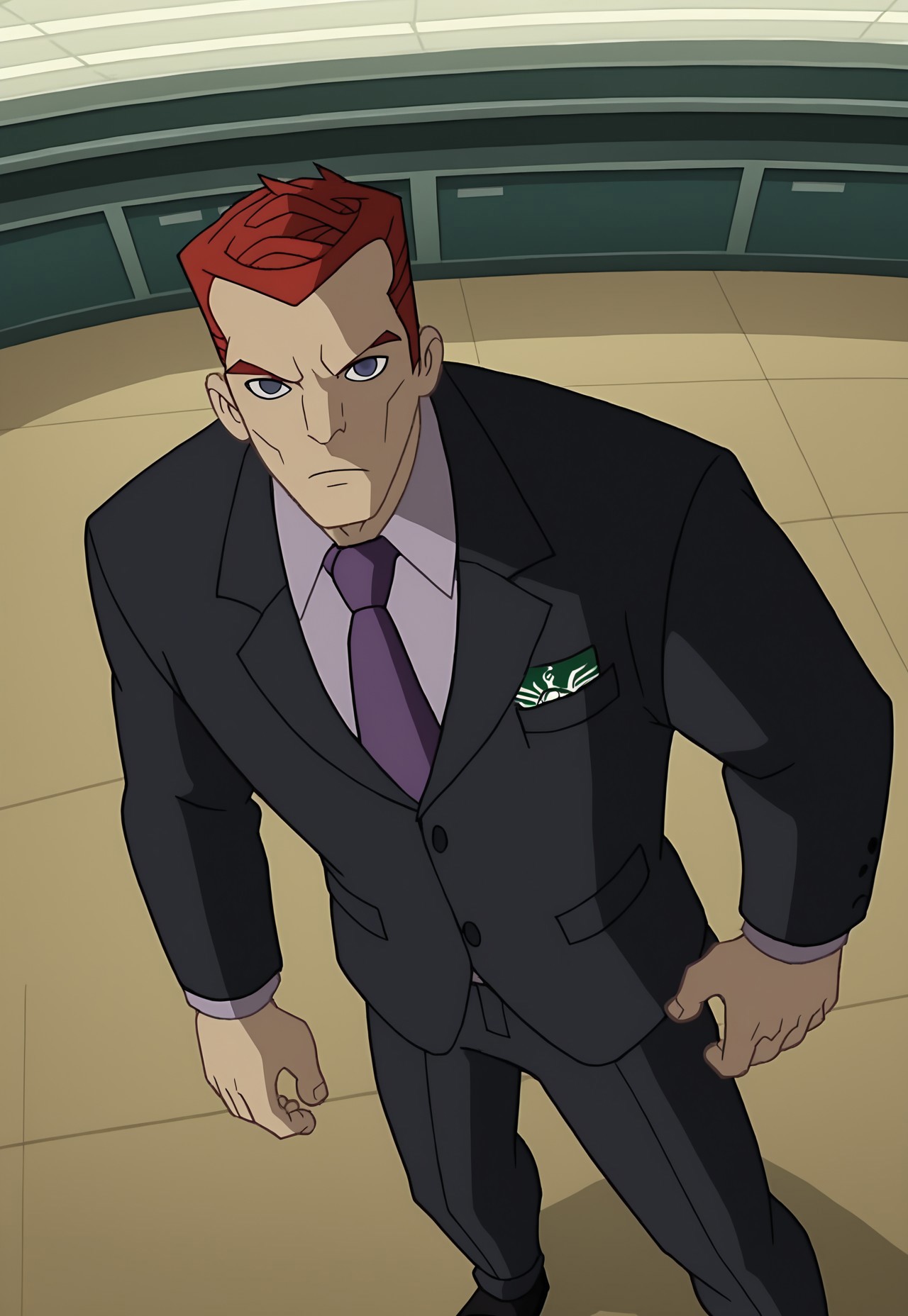 score_9, score_8_up, score_7_up, Absurdres, Intricate Details, Masterpiece, Best Quality, Expressiveh, source_cartoon, screencap, high quality cg, sz4d3k, dofus,
1boy, male focus, solo, plump pecs, 
SpecStyle, SpecNormanOsborn, short hair, red hair, necktie, black pants, suit, purple necktie, long sleeves, formal, collared shirt,
indoors, starbucks, dynamic angle, dim lighting, dynamic pose,
looking at viewer, hand in pocket, serious expression,