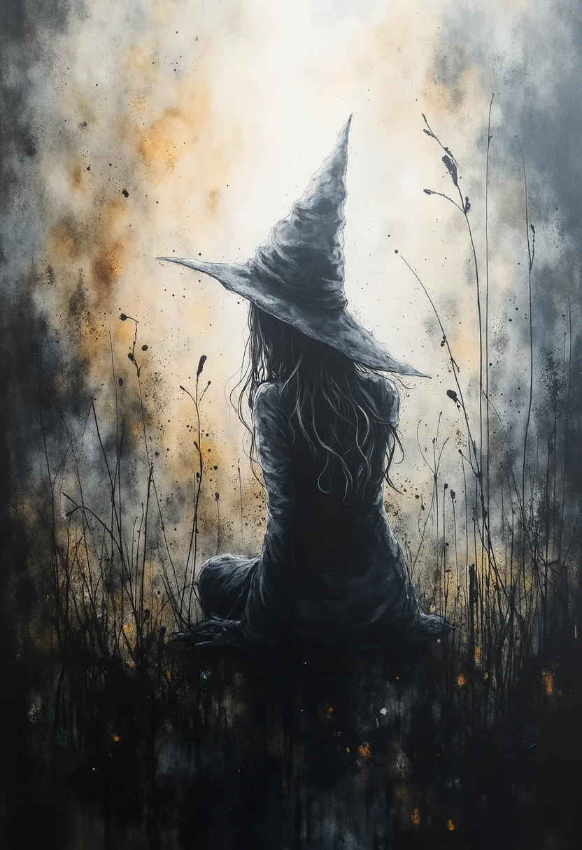 Embrace a captivating fusion of Impressionism and Minimalism in this simplistic yet emotionally charged painting depicting a secretive witch seated alone amidst an abstract landscape. The focus lies primarily on her slender silhouette, accentuated by linear shapes and clear lines that create a sense of calm elegance. Gently curving edges give way to reduction and uniformity of form, highlighting her essence while reducing extraneous detail. The color palette revolves around muted yet rich hues that capture the essence of dusk or dawn, emphasizing the mysterious ambiance that surrounds her. Soft illumination envelopes the scene, creating a mood of solitude and introspection. Impressionistic brushstrokes add subtle texture and movement to the scene, encapsulating the spirit of both art movements in a harmonious blend. This minimalist portrayal transcends traditional expectations of painting style, challenging the viewer to appreciate simplicity and the power of suggestion in capturing the depth of emotion and story within each line and curve. ,<lora:flux/fav/paintart-style-015-v1-0-flux.safetensors:1.0:1.0>