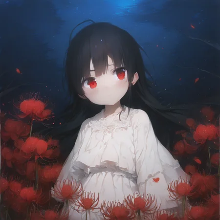 Score up 9, Score up 8, Score up 7,   hachiroku, outdoors, simple blank background, (huge flowers:1.2), flower surround, spider lily, summer, night, ambient light, looking at viewer, pure skirt, detailed face, upper body, wind, petals, death,pole color,red eyes, black hair,  <lora:8620_PonyXL_test_13-000060:1>