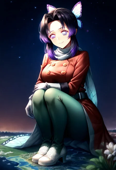 gorgeous lips, cinematic, (masterpiece), (best quality), (ultra-detailed), very aesthetic, perfect composition, intricate details, absurdres, detailed face, (anime, masterpiece, intricate:1.3), (best quality, hires textures, high detail:1.2), score_9, score_8_up, score_7_up, source_anime, 1girl, shinobu kochou, black hair, butterfly, butterfly hair ornament, forehead, gradient hair, hair ornament, multicolored hair, parted bangs, purple hair, long hair, two-tone hair, eyelashes, hair ornament, scarf, dress, red dress, long sleeves, buttons, gloves, white gloves, belt, pantyhose, green pantyhose, laced high heels, white footwear, skirt, flower patterns, alternate_costume, enormous breasts, facial expression, kind, soft eyes, head tilt, slightly smiling, closed mouth, goddess, planet size, giantess, giant, size difference, growing even bigger, sitting on the ground, ruanyi0639,hugging own legs, hugging knees, floating object, gradient eyes, beautiful detailed eyes, city, in the city, night sky, solo, holding planet, (masterpiece:1.4), (best quality:1.4), (ultra-detailed:1.2), gl0w, glow,