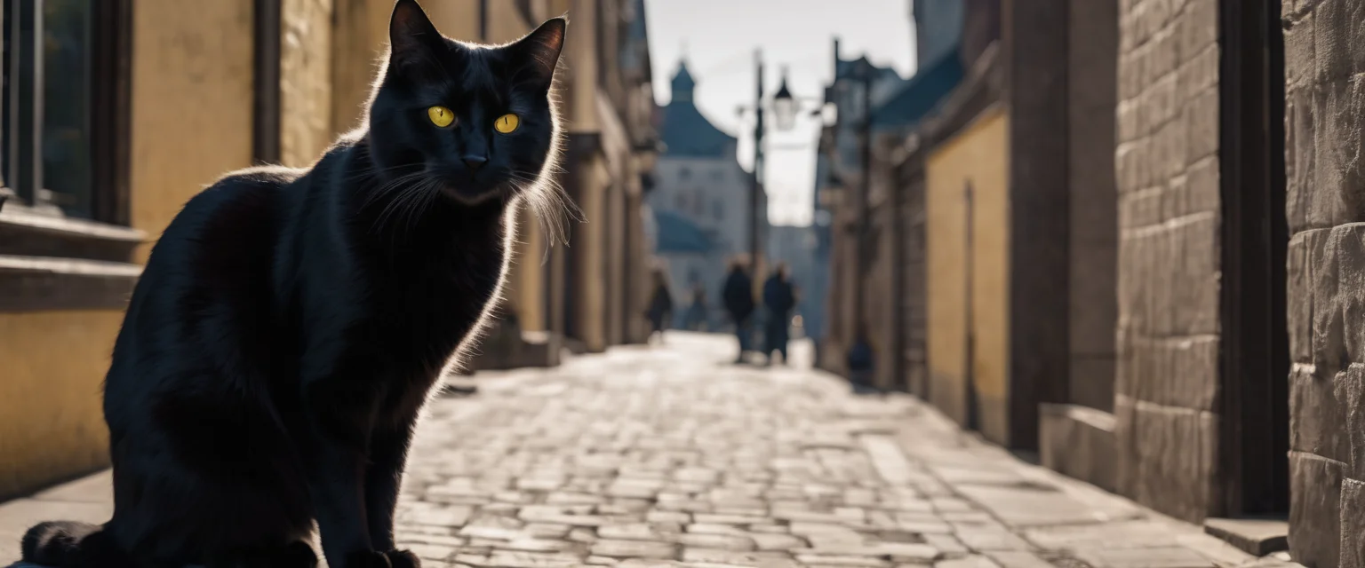 photoreal cinematic shot of a bipedal long-haired black cat with yellow eyes dressed as a rogue in a fantasy urban setting
high fidelity, clarity, realistic lighting, realistic shadows, Nikon 70d, 70mm, subsurface scattering, HDR, chromatic aberration, volumetrics dtx