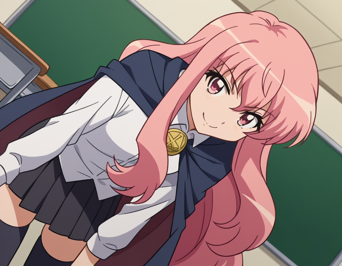 score_9, score_8_up, score_7_up, source_anime,
louisefrancoiseleblancdelavalliere, <lora:louise-francoise-le-blanc-de-la-valliere-s3-ponyxl-lora-nochekaiser:1>,
louise francoise le blanc de la valliere, long hair, pink hair, pink eyes, sidelocks,
skirt, thighhighs, cape, zettai ryouiki, long sleeves, shirt, white shirt, collared shirt, black skirt, pleated skirt,
indoors, classroom, bent over, smile,
looking at viewer, cowboy shot, solo, dutch angle