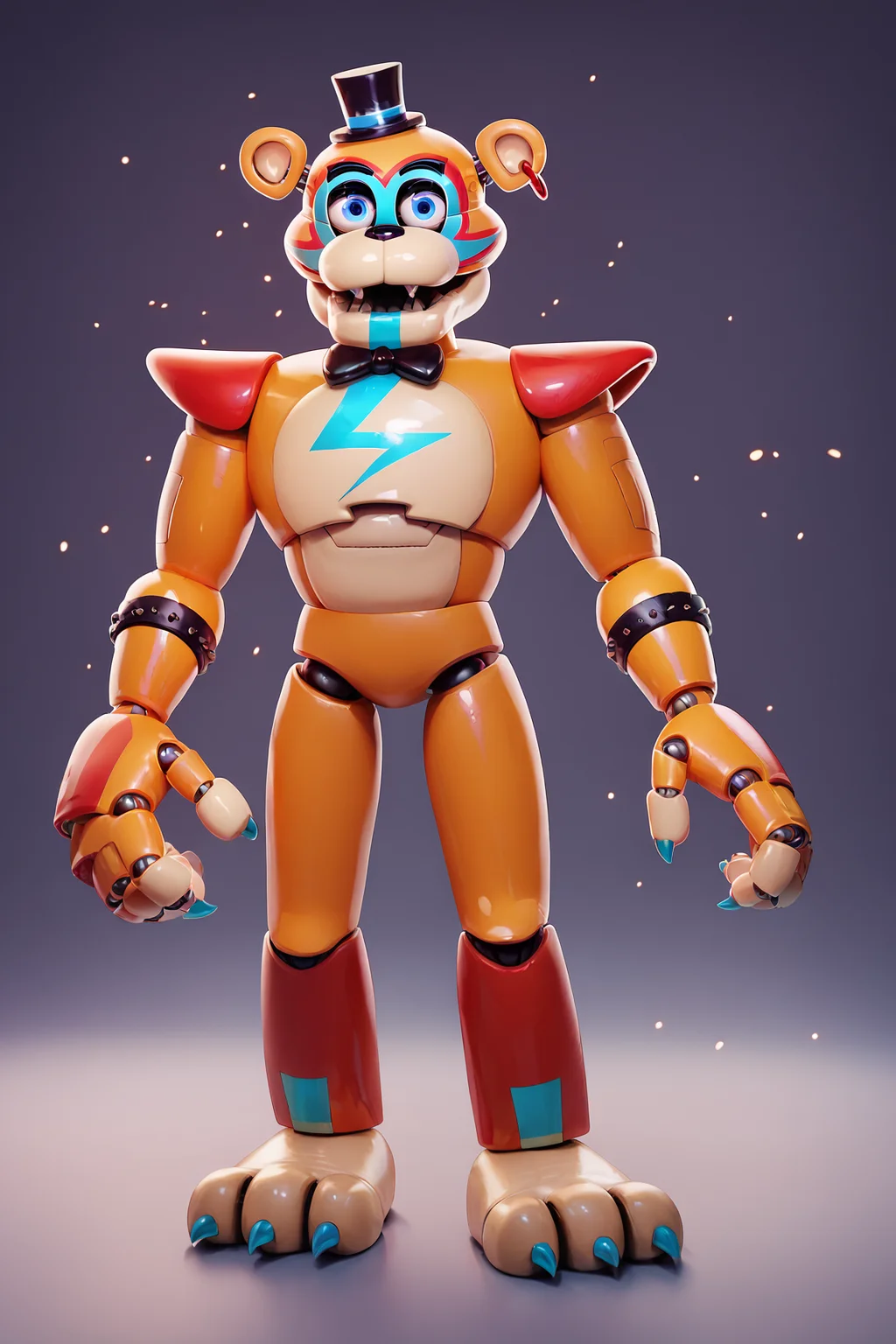 score_9, score_8_up, score_7_up, score_6_up, lots of details, full body, FNAF, glamrockfreddy, spiked bracelet, animatronic, orange fur, blue eyes, top hat, earring, open mouth, looking at viewer, detailed, masterpiece, best quality, 32k, shaded, detailed shading, light particles, purple background, best eyes <lora:GlamrockFreddyPony:0.95>