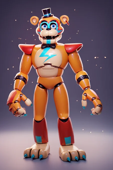 score_9, score_8_up, score_7_up, score_6_up, lots of details, full body, FNAF, glamrockfreddy, spiked bracelet, animatronic, orange fur, blue eyes, top hat, earring, open mouth, looking at viewer, detailed, masterpiece, best quality, 32k, shaded, detailed shading, light particles, purple background, best eyes <lora:GlamrockFreddyPony:0.95>