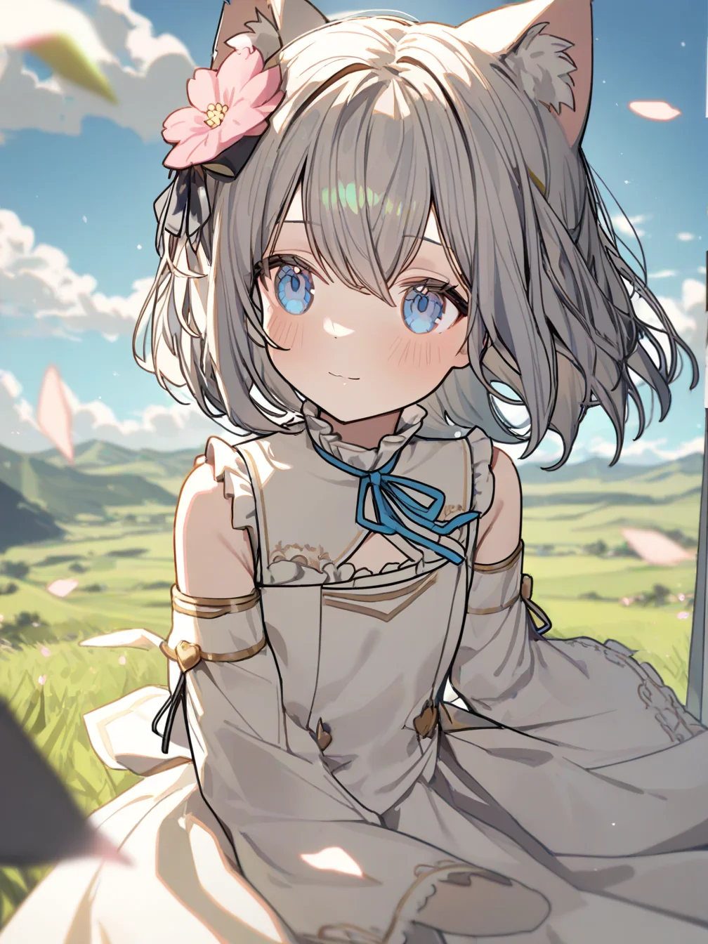1girl,solo,cherry blossoms,hair flower,pink flower,hair ribbon,cat ears,animal ear fluff,blue eyes,grey hair,short hair,bangs,hair between eyes,eyebrows visible through hair,blush,closed mouth,light smile,neck ribbon,white dress,crease,frilled_collar,detached_sleeves,flat chest,standing,looking away,
outdoors,day,blue sky,cloud,scenery,wind,wind lift,falling petals,landscape,grass,
upper body,from side, 
<lora:ag31-ningen_mame_1-000036:1>,