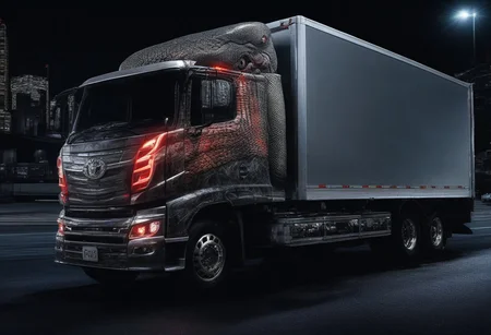 (masterpiece, best quality), highly detailed, ultra-detailed, (night), (city highway), (large truck), (truck bed side:1.3), (japanese tattoo style:1.4), (evil snake:1.5), (serpent scales), (detailed scales), (snake fangs), (glowing red eyes), (menacing), (dark color scheme), (headlights on), (streetlights:1.2), (motion blur:0.8), (high speed), (asphalt road), (reflections), (night atmosphere)