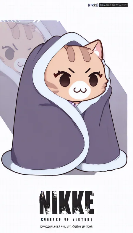 masterpiece, best quality, newest, absurdres, highres, NikkeProfile, full body, checkered background, zoom layer, copyright name, character name, english text, logo, <lora:NikkeProfile_illusXLNoobAI_Incrs_v2:1>, white background, <lora:CozyBlanket_illusXL_Incrs_v1:1.2> blanket, under covers, chibi <lora:discord_nekonekonekone_illustriousXL:1> animal focus, no humans, n3koemoji, cat, :3,