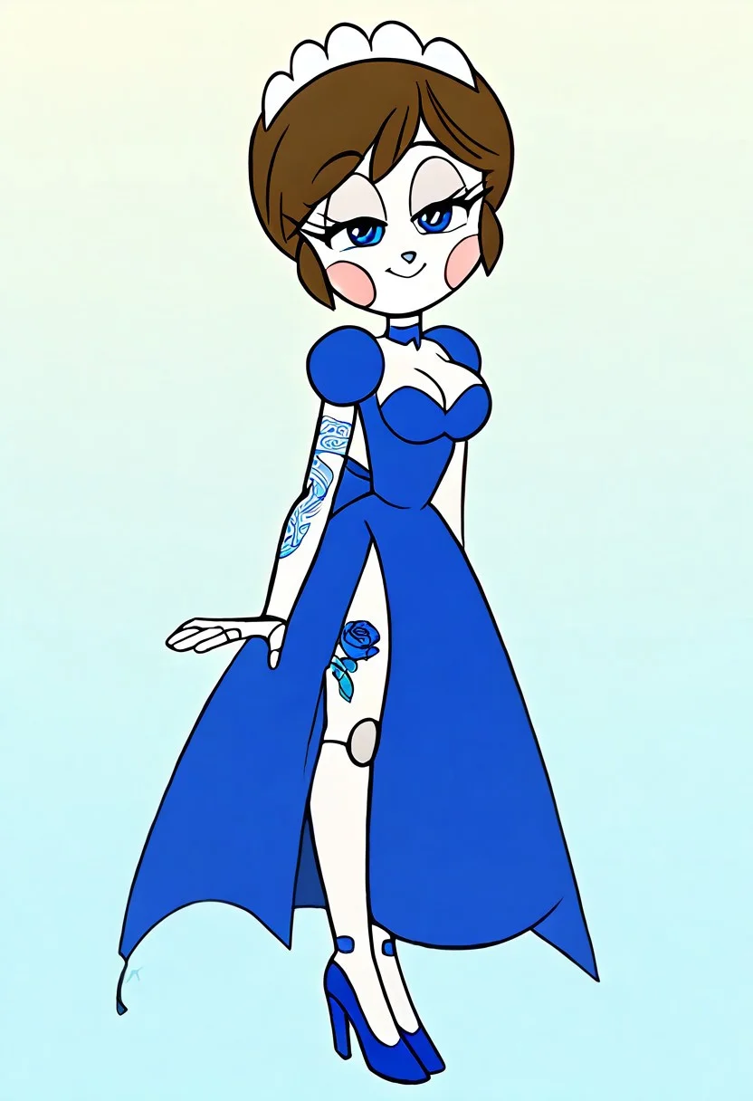 easynegative, Expressiveh, arm-tattoo, arm tattoo, leg-tattoo, leg tattoo, Polly, polly the nandroid, Brown Hair, Short hair, score_9, score_7_up, gradient background, source_cartoon, solo, 1girl, blue eyes, large breasts, ranma-chan, hair blue flower, strapless dress, blue dress, blue choker, gem, pelvic curtain, blue high heels, sultry, bedroom eyes, eyelashes, half-closed eyes, head tilt, standing, full body, white skin, pale skin, robot joints, nandroid, nandroid booru, Maid Headpiece, nandroid cheeks,