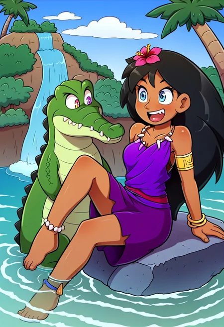 Tick tock crocodile,male animal focus,tail, crocodile open large mouth ,green skin, blue eyes, Tick Tock the crocodile is giant and very huge size,teeth, swimming in water,partially submerged,Tick Tock the crocodile looking at a young girl who she is sitting on rock cliff. Girl_anime_manga,long hair, black hair, dark-skinned female,the girl her very smal size, purple eyes, tribal_clothe, chest_band,purple dress jewelry, dark skin, smile, necklace,hair flower, bracelet, anklet, barefoot,open mouth,river,palm trees, jungle, Disney, waterfall,anime, manga