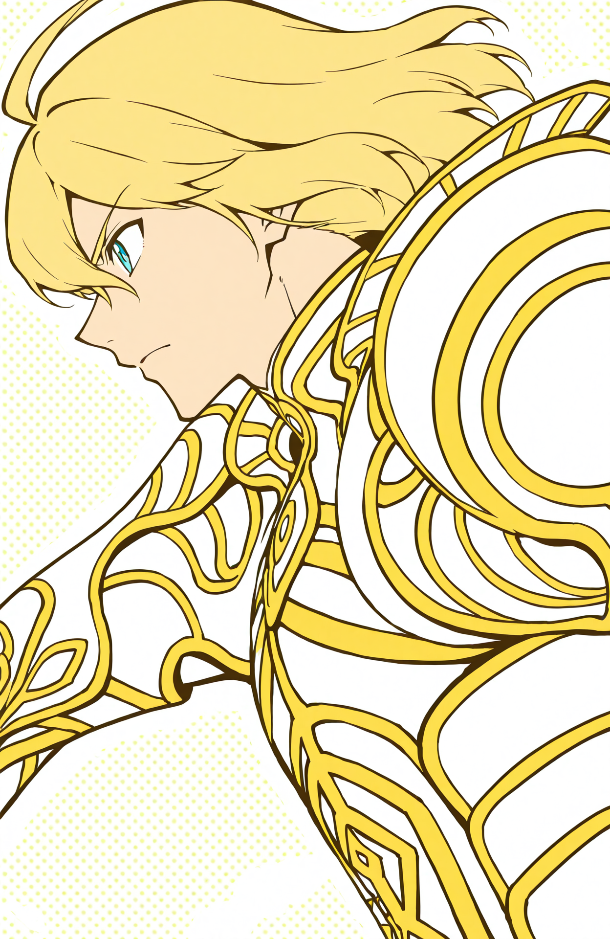 zanza_outfit, 
zanza,
close-up, upper body, from side,
1boy, solo,
dynamic pose,
fighting stance, 
anime style,
halftone background, spot color, thick white outline, color contrast, high contrast, polka dot background, abstract background, colored shadow,
<lora:[Char - IL] Xenoblade - Zanza [+Clothes] (R1E14):1>