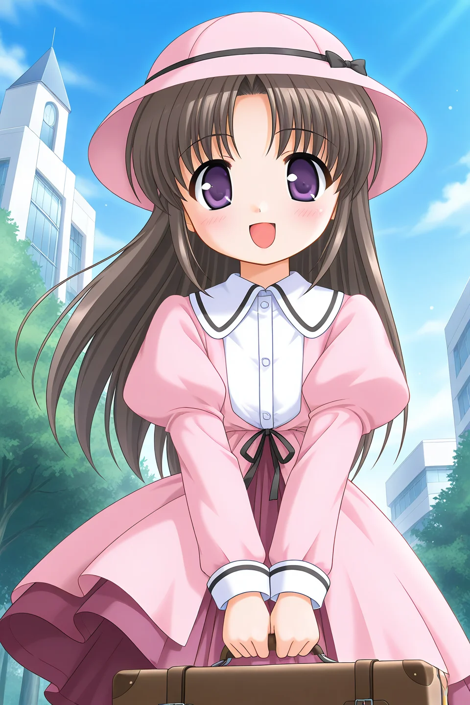 masterpiece, best quality, absurdres, official art, official style, general BREAK <lora:nonoharayui_IL_v1-3:0.7>, nonohara yui, 1girl, solo, purple eyes, brown hair, black hair, parted bangs, long hair, straight hair, flat chest, aged down, school hat, pink headwear, hat bow, hat ribbon, black bow, black ribbon, pink dress, juliet sleeves, white shirt, collared shirt, light purple skirt, accordion pleated skirt, blush, day, open mouth, cloud, outdoors, :d, v arms, suitcase, building, wind, blue sky, looking at viewer, tree, scenery, happy, from below, blue theme, buttons, cowboy shot, wind lift, holding suitcase, floating hair