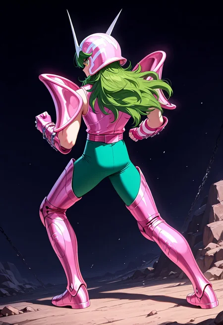 score_9, score_8_up, score_7_up, masterpiece, ANDROMESHUN,ANDRSHUNV1, 1boy, slender figure, pink pauldrons, pink two pronged helmet, long wavy green hair, green eyes, pink sleeveless armor, pink vambraces, fingerless pink gloves, pink thighhigh greaves, green pants, pink belt, pink boots, chains, view from behind