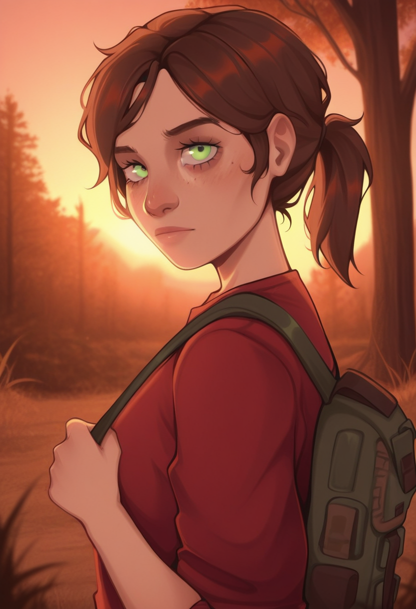 tozierstyle, masterpiece,  best quality, solo, ellie\(the last of us\), green eyes, ponytail, freckles,  wooded area, trees, backpack,,  red shirt, sunset, warm colors,