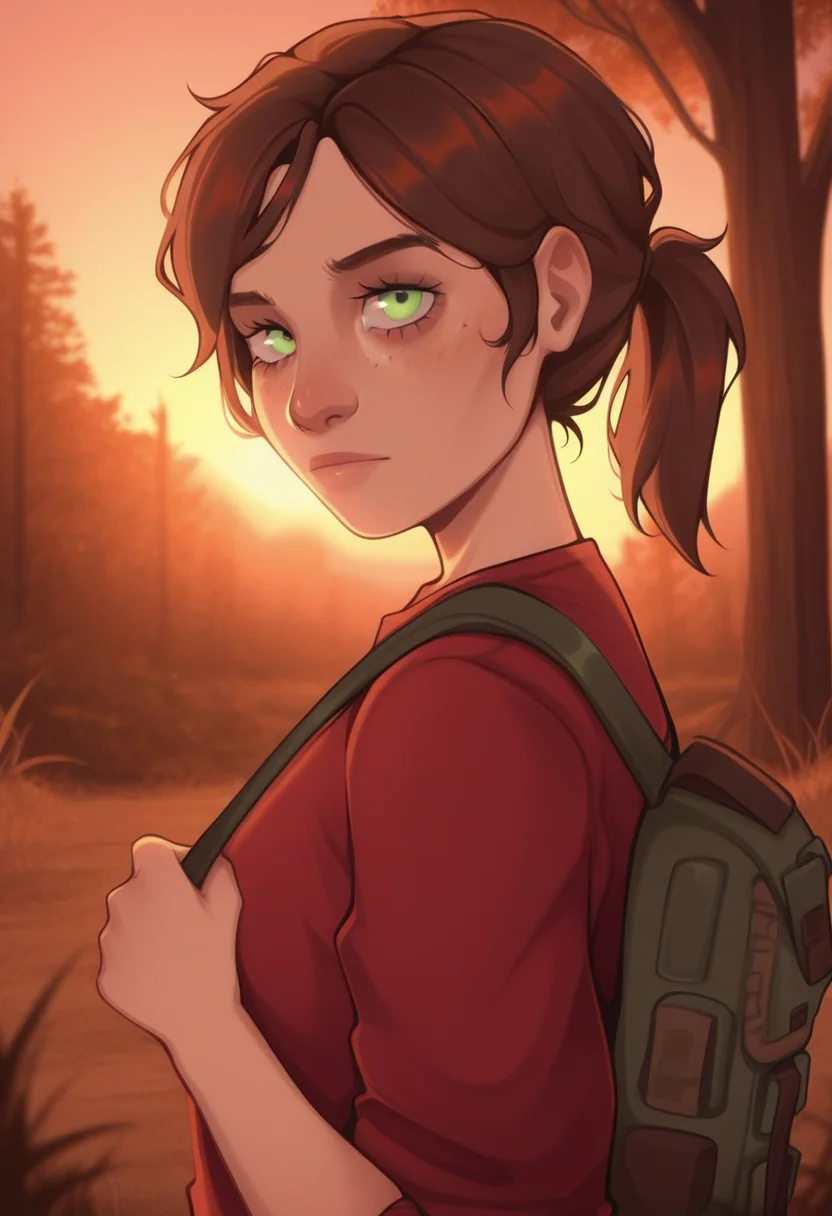 tozierstyle, masterpiece, best quality, solo, ellie\(the last of us\), green eyes, ponytail, freckles, wooded area, trees, backpack,, red shirt, sunset, warm colors,