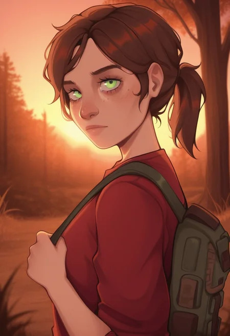 tozierstyle, masterpiece, best quality, solo, ellie\(the last of us\), green eyes, ponytail, freckles, wooded area, trees, backpack,, red shirt, sunset, warm colors,