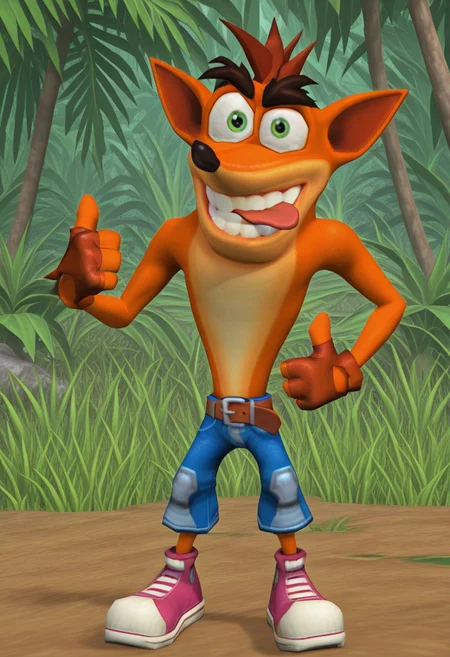 3d, solo, 
crash bandicoot, crashTS, 1boy, fingerless gloves, shorts, belt, green eyes, sneakers, full body, thumbs up, hand on hip, looking at viewer, [narrowed eyes], teeth, tongue, mouth open, jungle, grass dirt, from front,