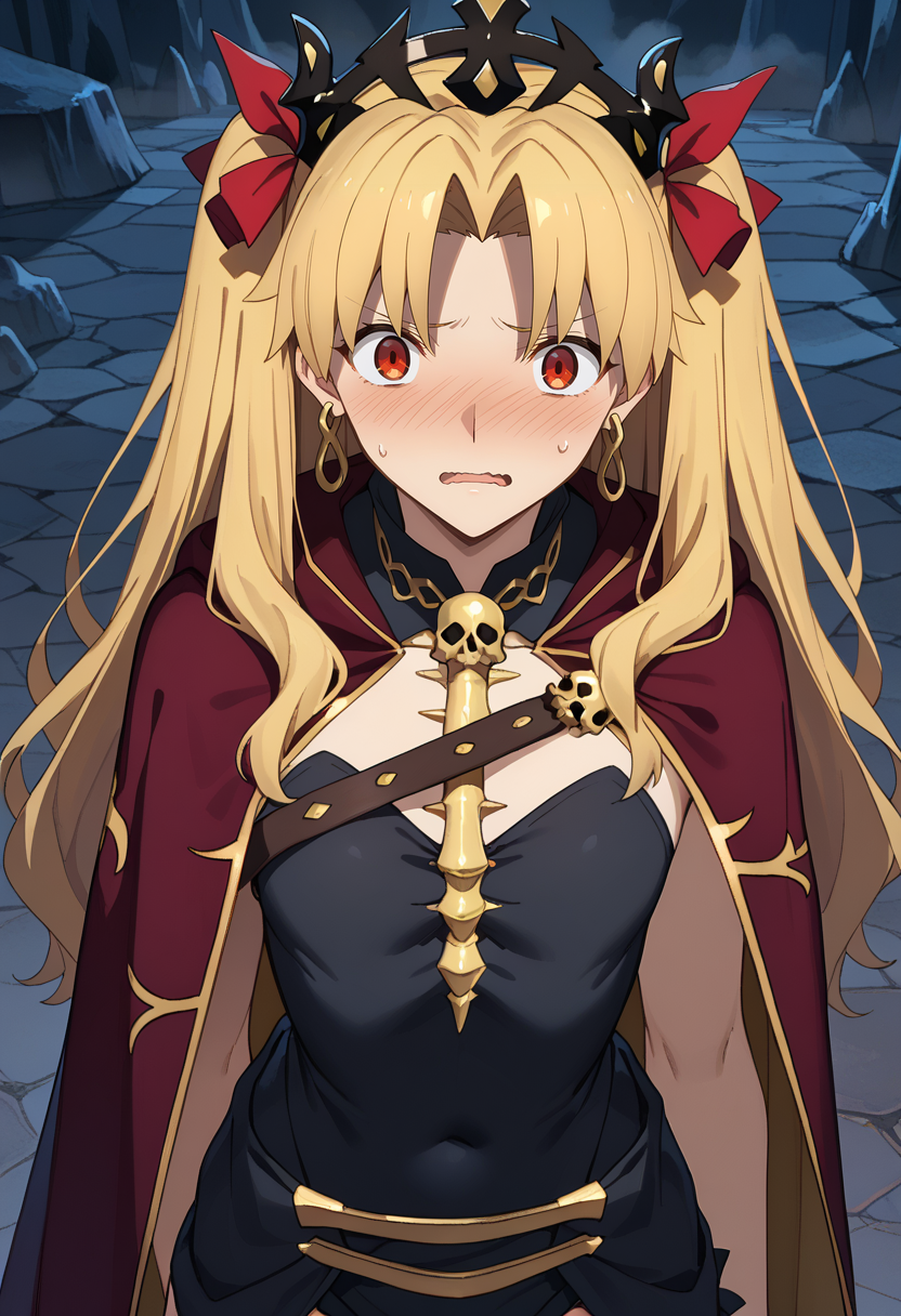 score_9, score_8_up, 
<lora:FateGrandOrder_EreshkigalXL:0.8>, EreshkigalFGO,
1girl, solo, parted lips, embarassed, nose blush, wavy mouth,
blonde hair, red eyes, parted bangs, two side up, earrings, tiara, hair ribbon,
black leotard, red cape, fur trim, skull, chest belt, single sleeve, elbow gloves, gold trim,
standing, looking at viewer, upper body, from angle,
blue theme, cave, fog, dark, night, stone, cracked floor