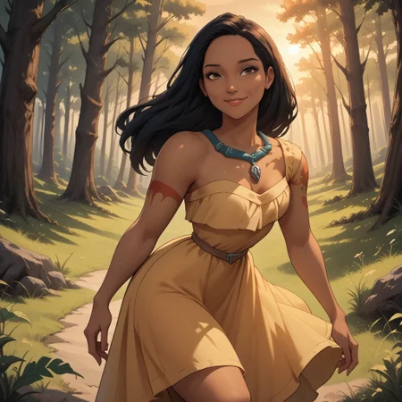 score_9, score_8, BREAK, solo, black hair, brown eyes, necklace, off shoulder dress, yellow dress, left arm tattoo, red tattoo, breasts, barefoot, dark skin, dark skin female, Pocahontas, cute, sexy pose, self portrait, smile, outdoors, sunlight, shadows, evening lighting, natural lighting, forest, trees, grass, orange sky, sunset